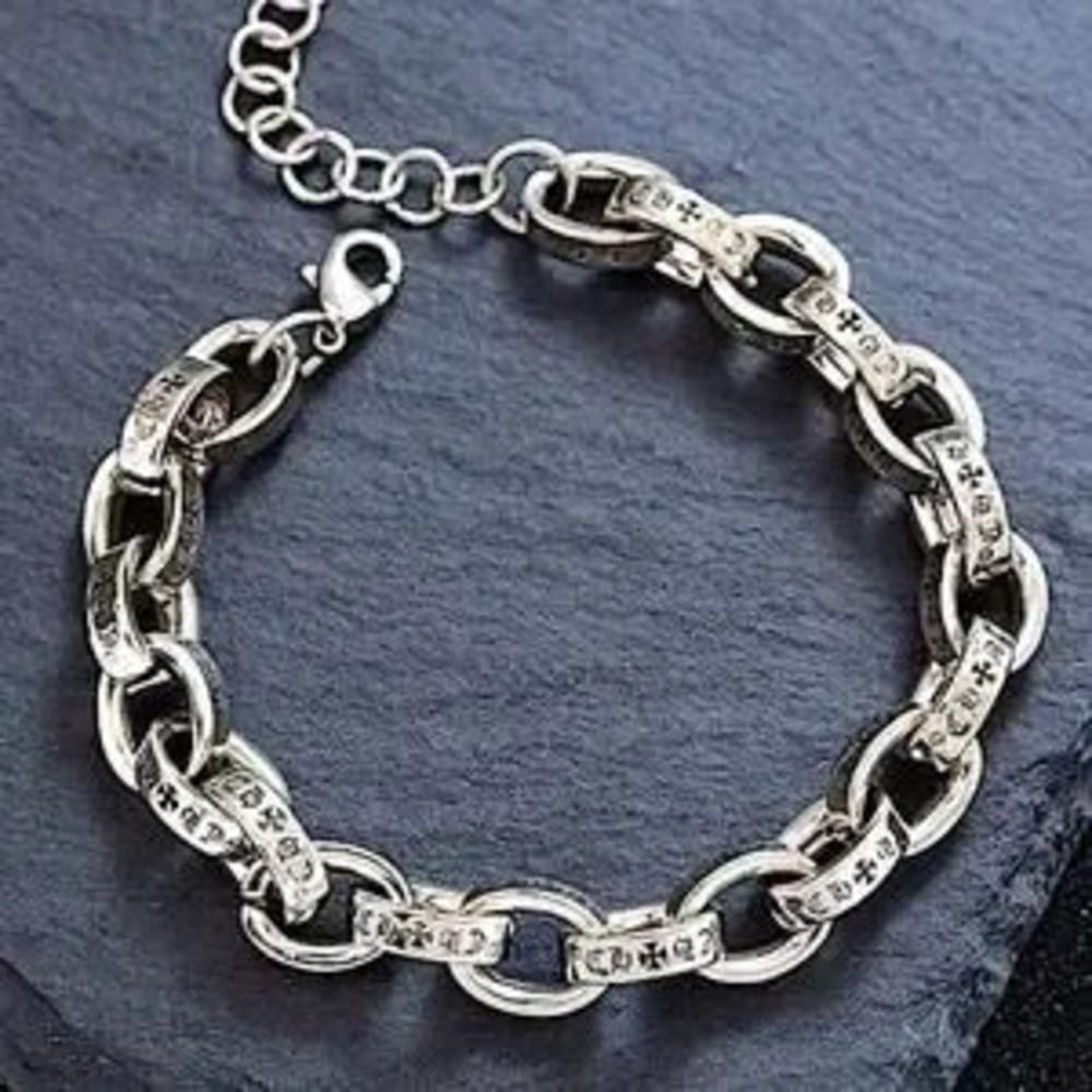 Sterling Silver Engraved Cross Chain Link Bracelet